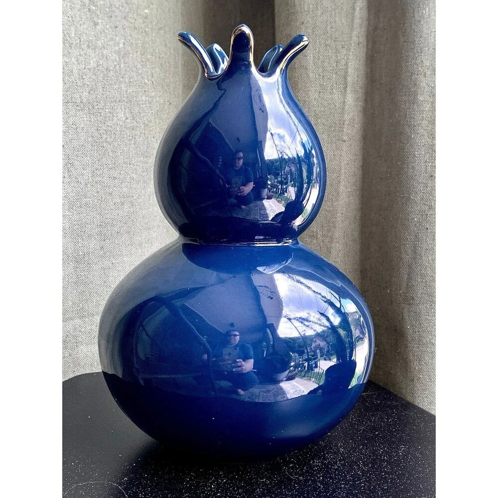 Cobalt Blue Gourd Vase Glossy Pomegranate Ceramic Dark Academia Mood Maximalist